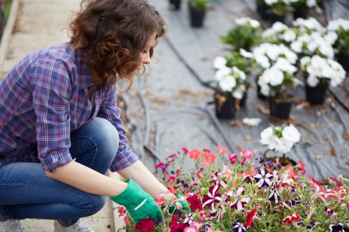 Gardener working in a Teddington front garden with tools